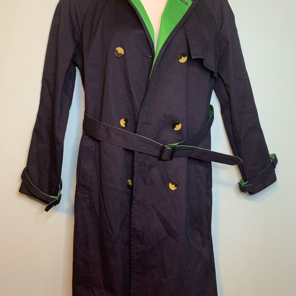 Phillip Lim navy blue with green trim trench coat military style Size L - Picture 2 of 13